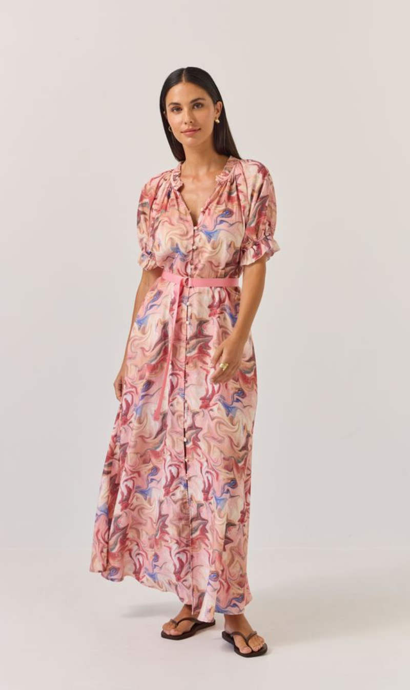 Puffed-Sleeve Belted Maxi