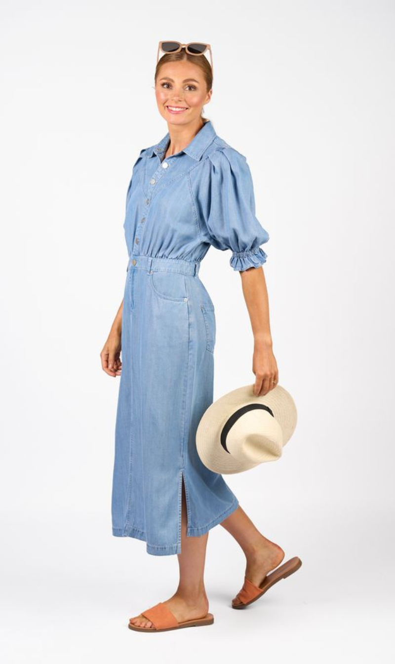 Button-front Puffed Sleeve Midi