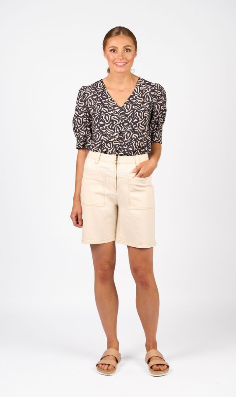 Puffed Sleeve Blouse with High-Waisted Shorts