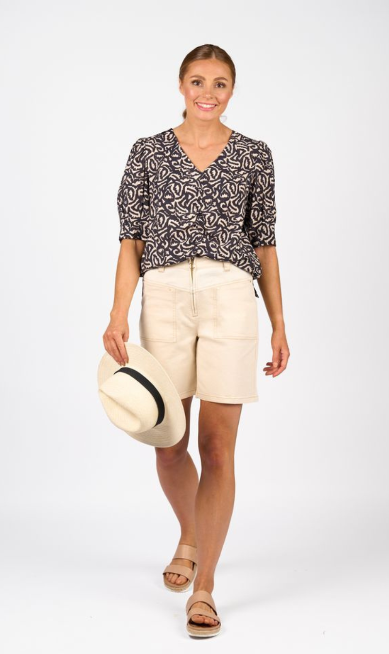 Puffed Sleeve Blouse with High-Waisted Shorts