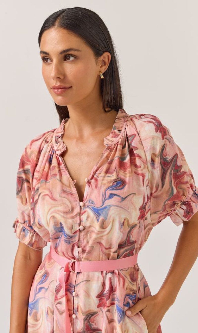 Puffed-Sleeve Belted Maxi